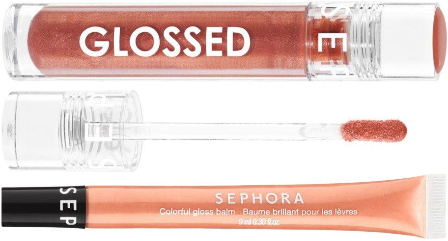 Two Sephora lip products laid horizontally on a white background: a tube of shimmery copper lip gloss, its wand applicator, and a peach squeeze tube of gloss balm.