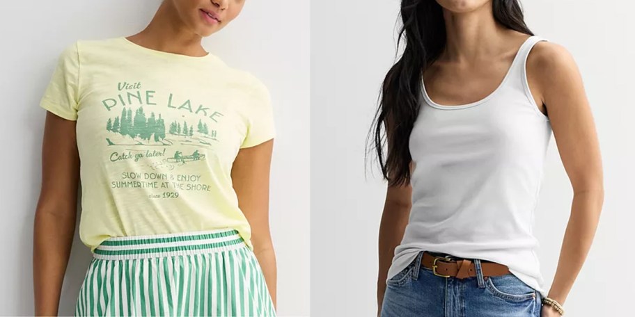 women wearing yellow graphic tee and white tank top 