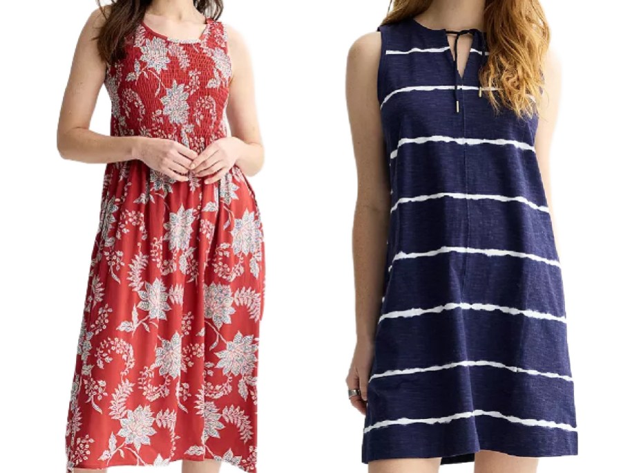Two women modeling sleeveless casual dresses on a white background, one wearing a red floral print and the other wearing navy blue with white stripes.