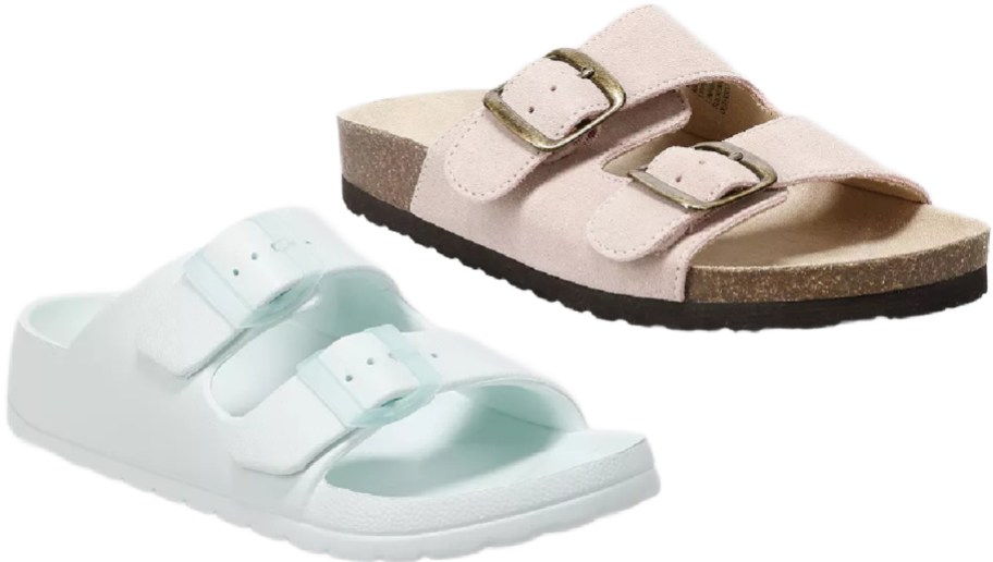 Two double-buckle slide sandals on a white background, one made of light blue plastic and the other made of pink suede with a cork footbed.