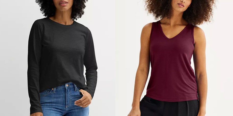 women wearing black long sleeve and maroon tank top 