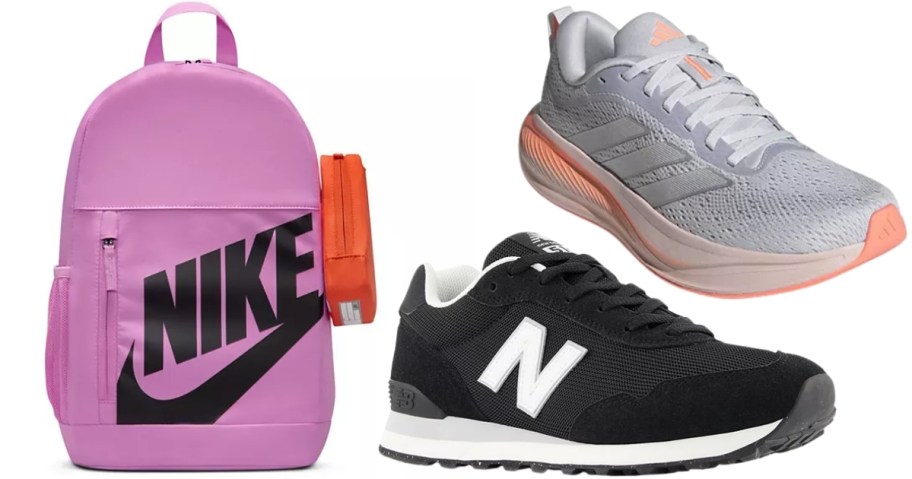 Nike backpack, Adidas shoes, New Balance shoes