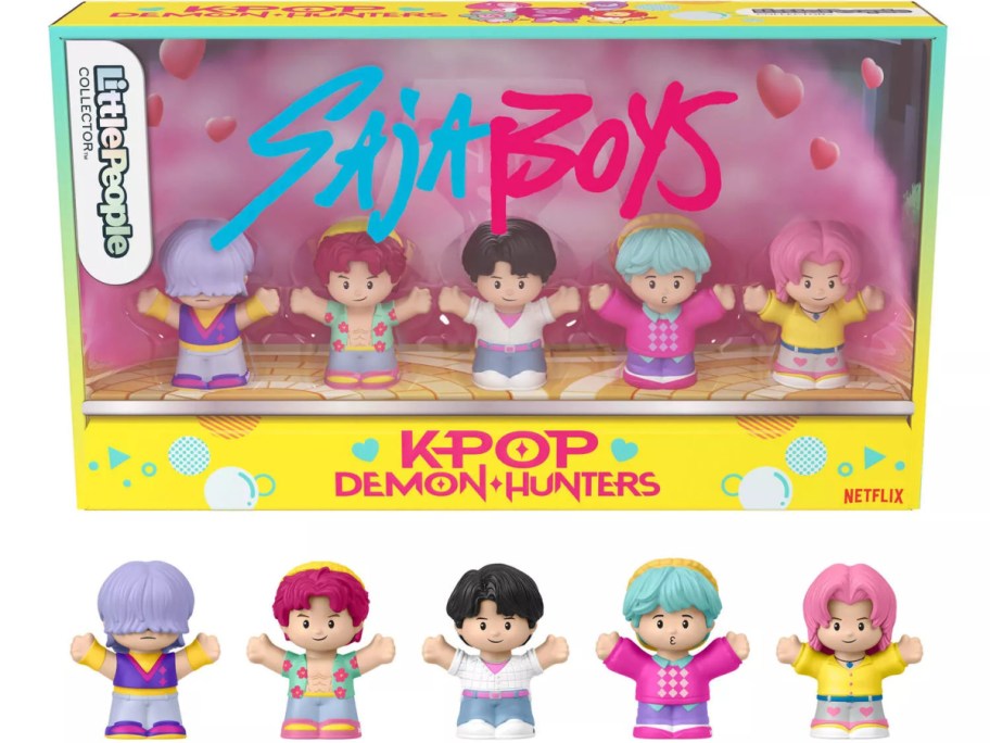 Fisher-Price Little People Collector set featuring five Saja Boys figures from Kpop Demon Hunters, shown inside their yellow display box and unboxed in a row below.