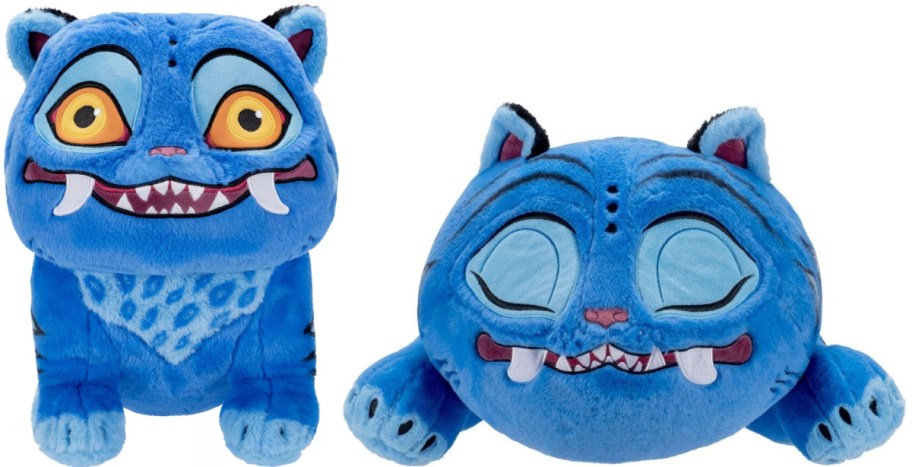 A blue monster plush toy shown sitting upright with wide open eyes and lying down flat with closed eyes.