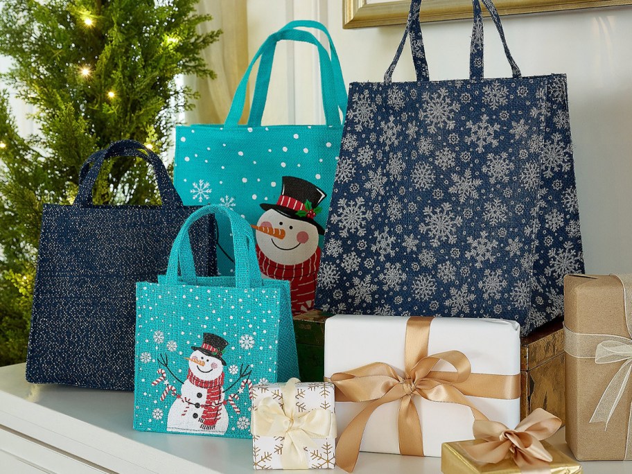 blue christmas bags on shelf 