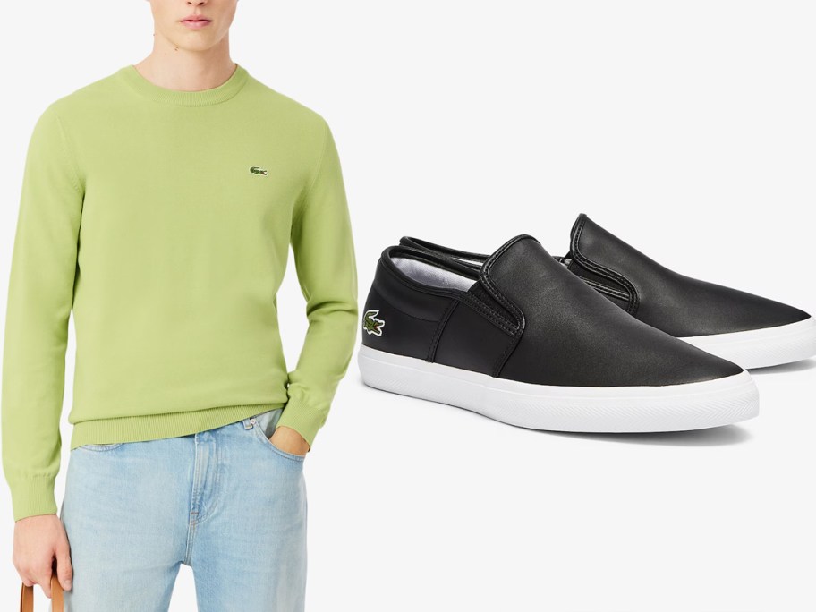 man wearing green sweater and pair of black shoes 