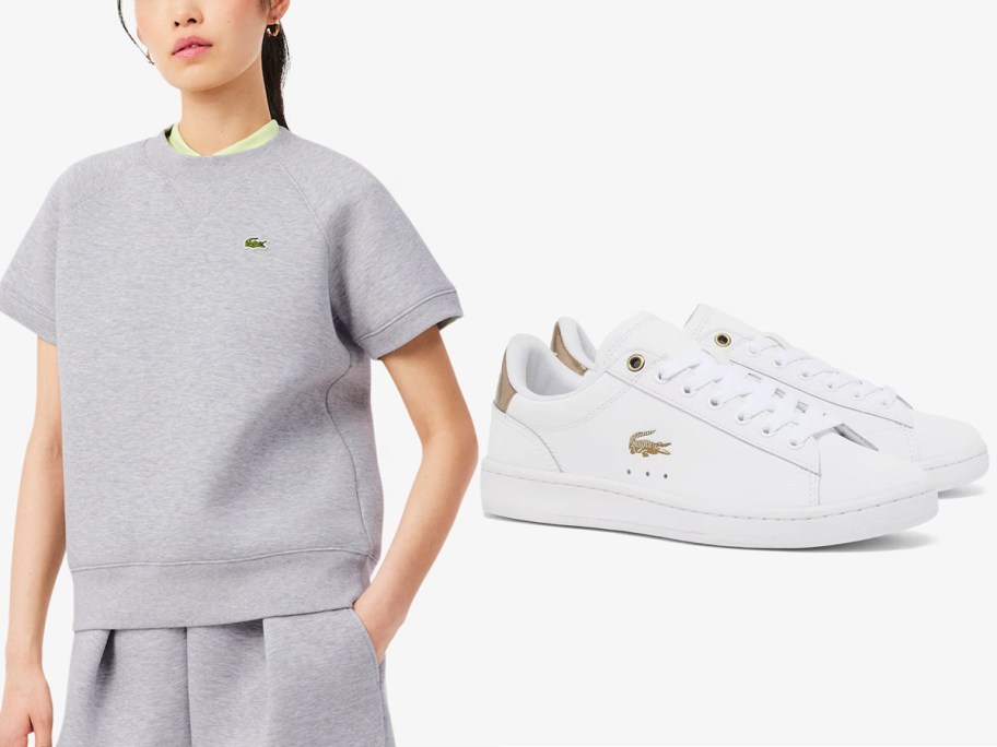 women wearing gray sweater and white shoes 