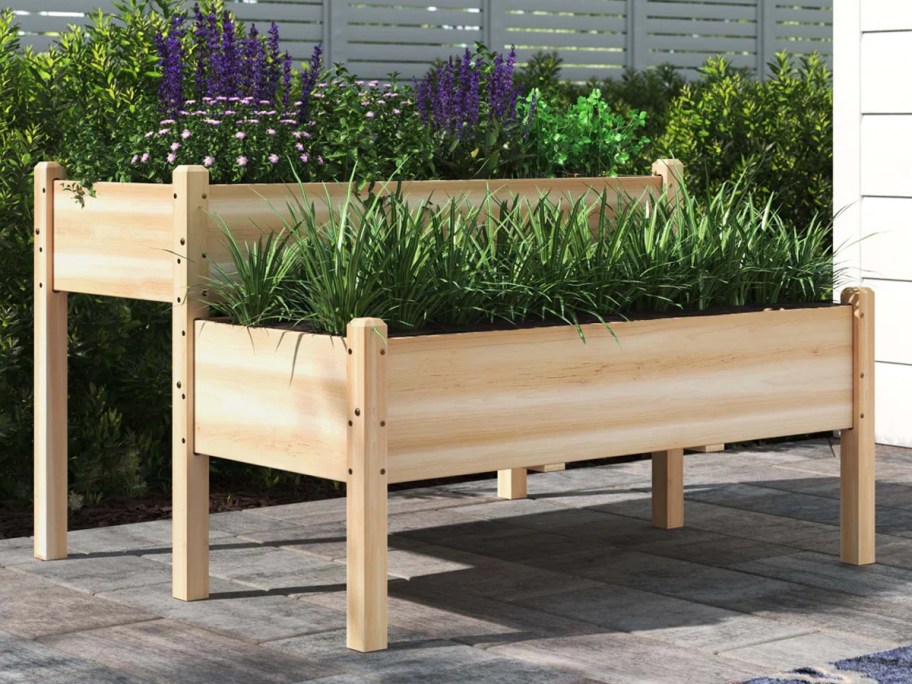 wood planters with plants