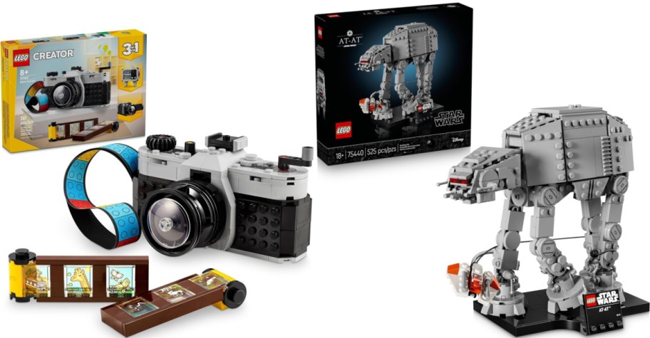 A built LEGO Creator retro camera with film strips and a built LEGO Star Wars AT-AT, both displayed next to their boxes.
