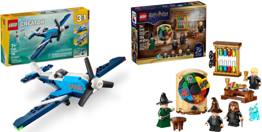 A built blue and white LEGO Creator race plane and a LEGO Harry Potter set with small builds and minifigures, both displayed next to their boxes.
