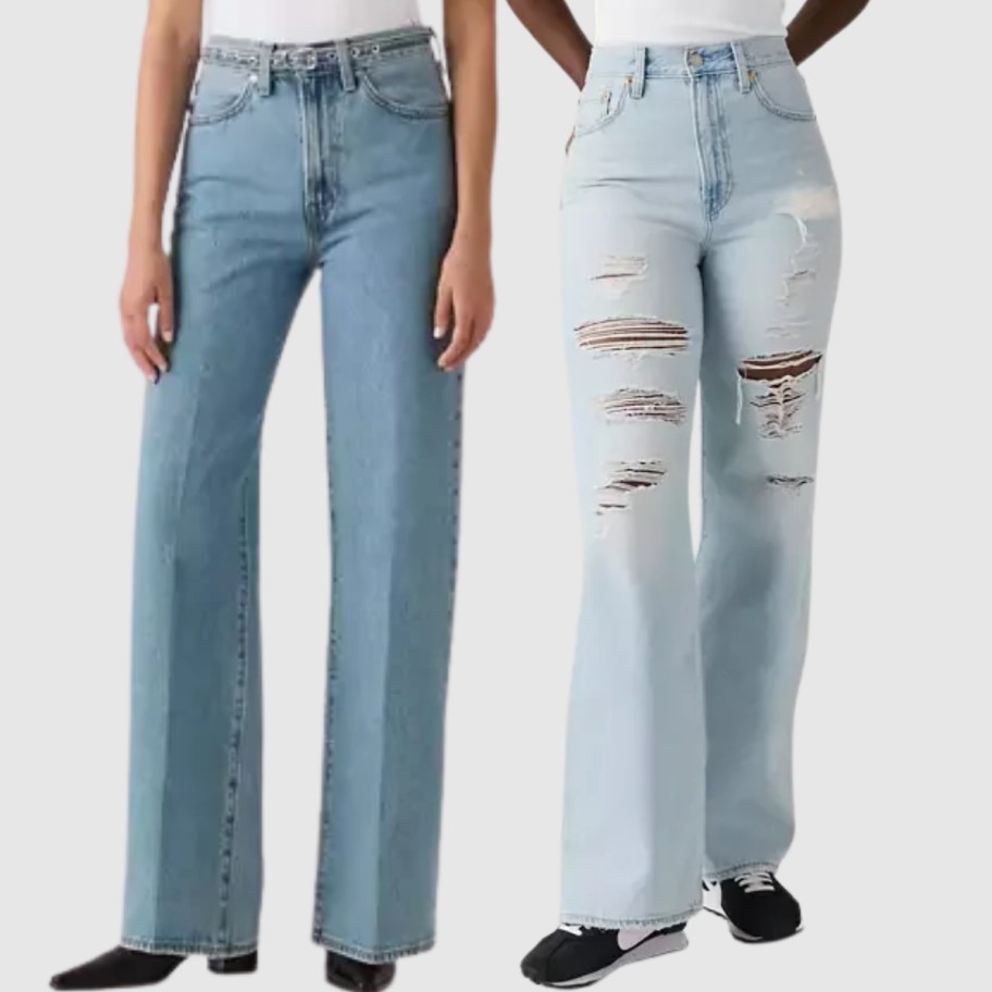 2 women wearing ribcage style jeans