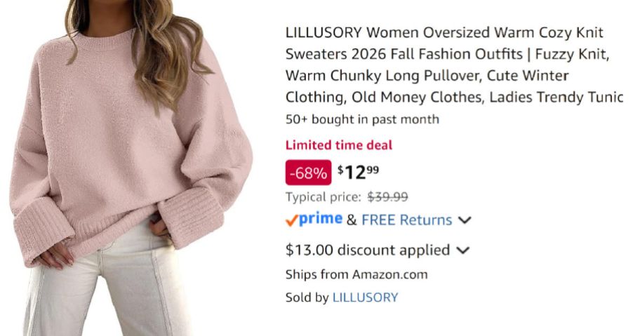 woman wearing a pink sweater next to Amazon pricing information