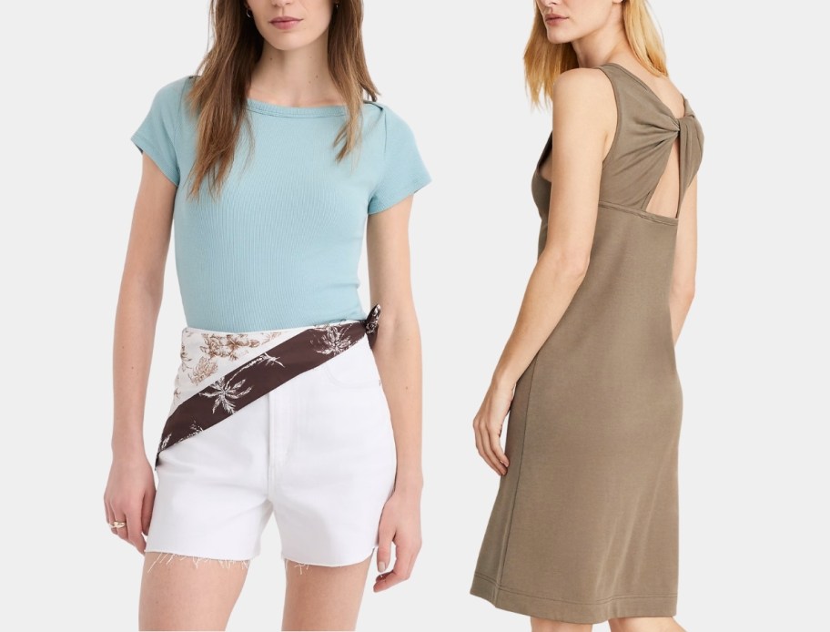 woman in a loft tee and dress