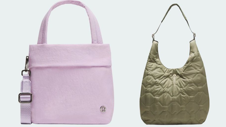 lululemon lavender and green bags with a blue grey background