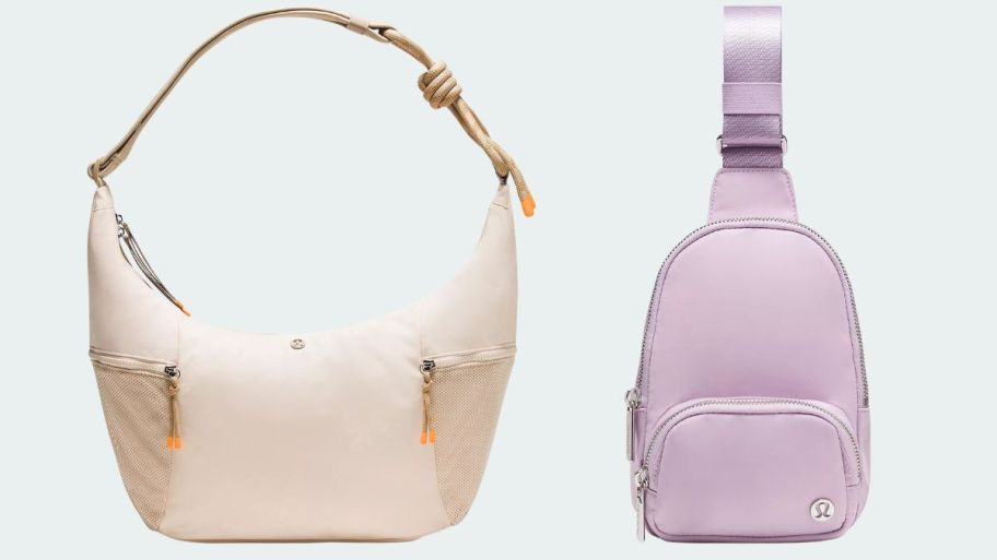 lululemon tan and orange slouch and purple bags