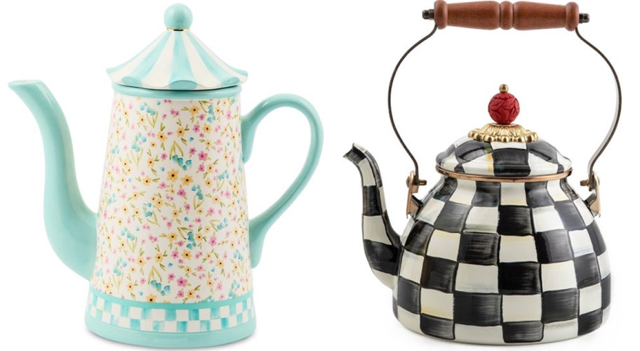 blue and checkered black and white teapots 