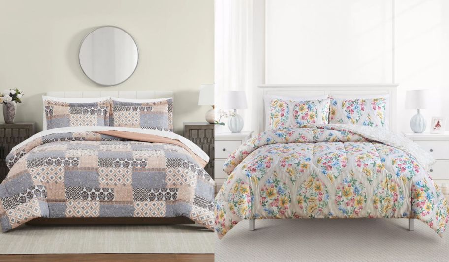 side by side view of two beds covered with comforters