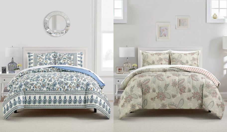 side by side view of two beds covered with comforters