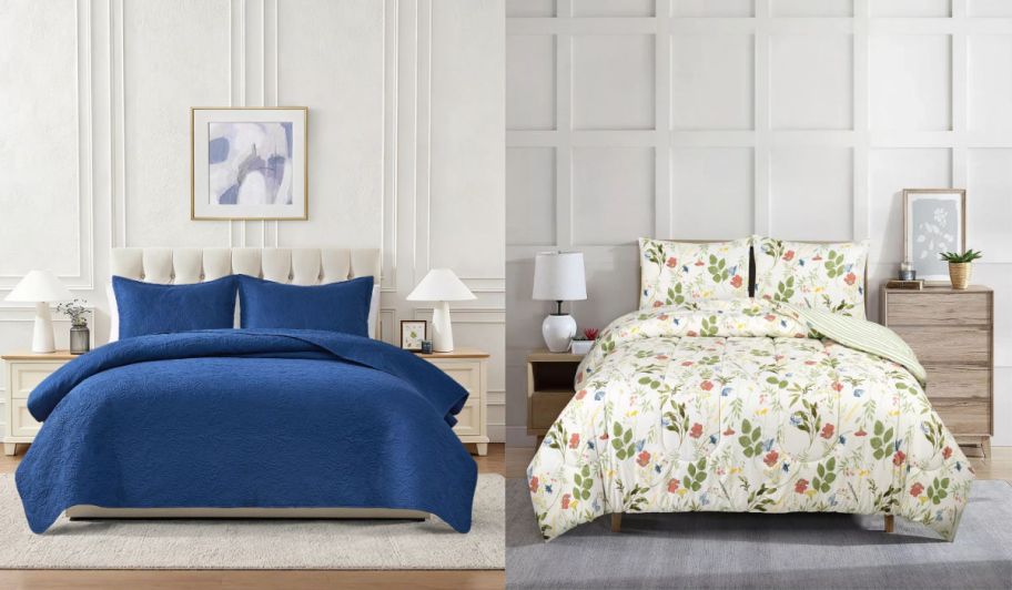 side by side view of two beds covered with comforters