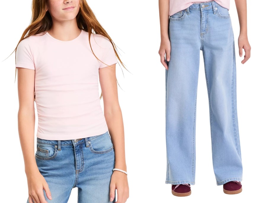 a girl wearing a pink tshirt and the legs of a girl wearing jeans