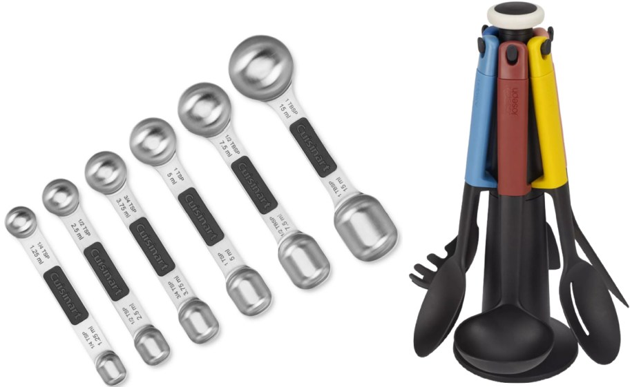 A set of six stainless steel Cuisinart dual-sided measuring spoons on the left and a Joseph Joseph kitchen utensil set with a rotating stand on the right.