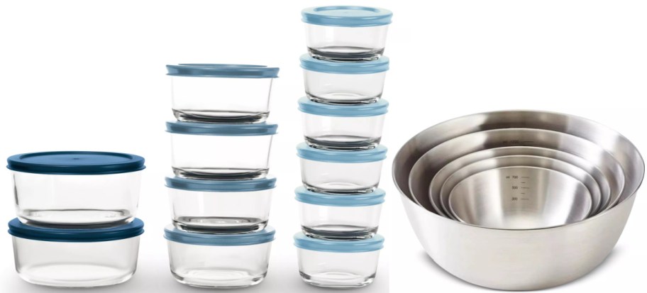 A set of glass food storage containers with blue lids in three different stack heights, alongside a nesting stack of stainless steel mixing bowls on the right.