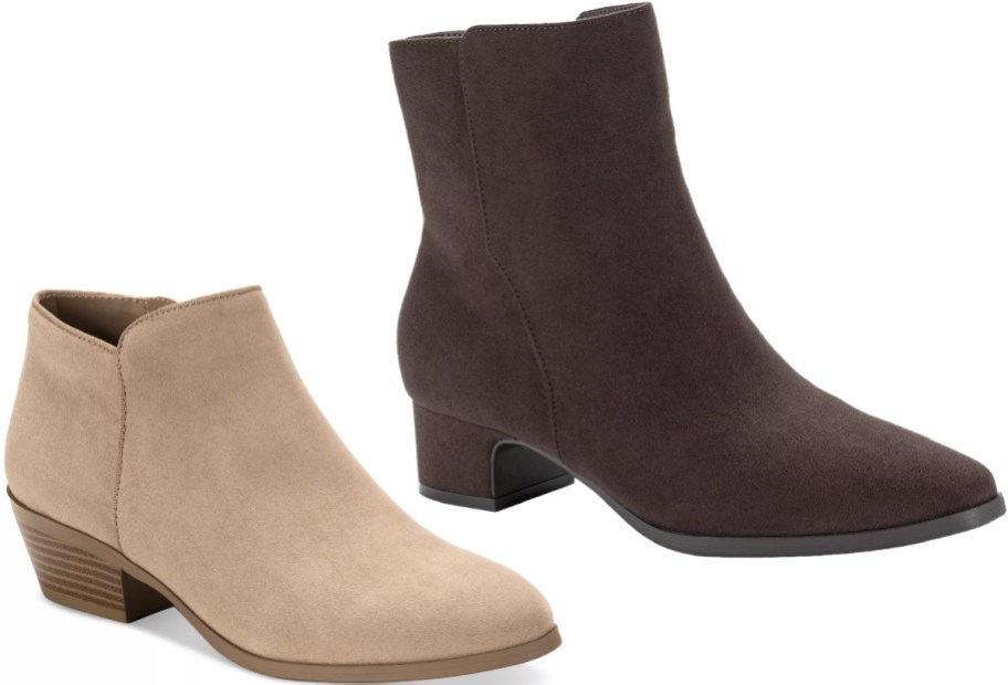 Two pairs of women's boots, featuring light tan ankle booties with low block heels on the left, and dark brown mid-calf boots with stacked heels on the right.