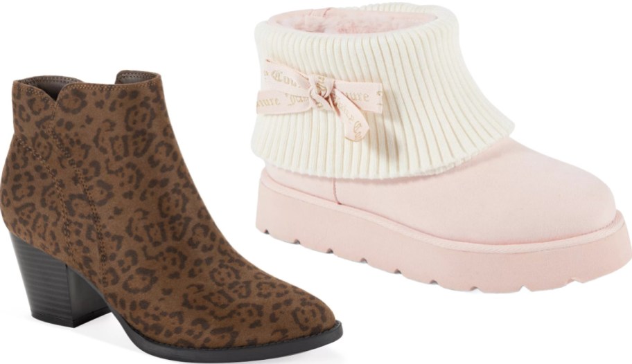 Two pairs of women's shoes, featuring a brown leopard print ankle boot with a block heel on the left, and a light pink platform boot with a white ribbed knit cuff and a pink ribbon bow on the right.