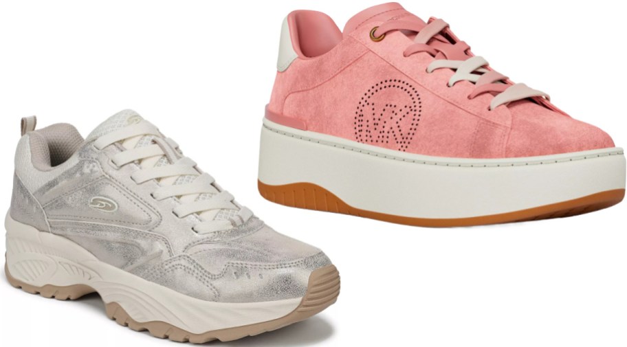 Two pairs of women's sneakers, featuring a silver metallic chunky sneaker on the left, and a pink suede platform sneaker with a perforated logo design and thick white sole on the right.