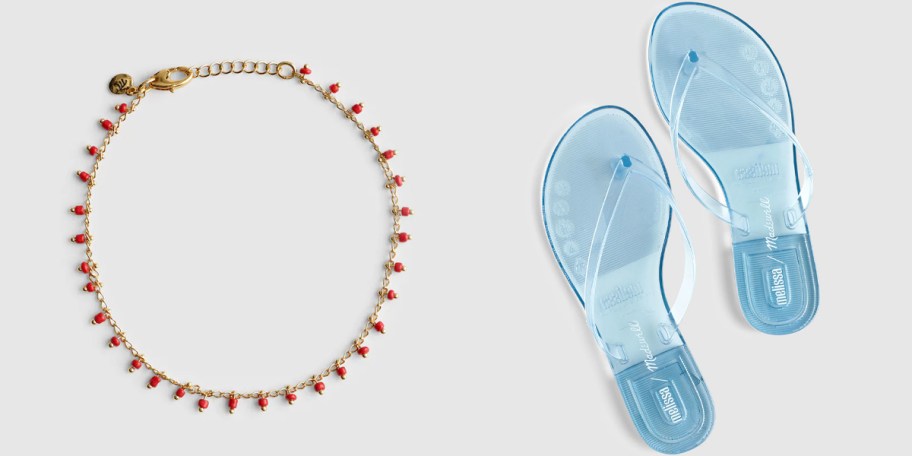 gold bracelet and blue sandals 