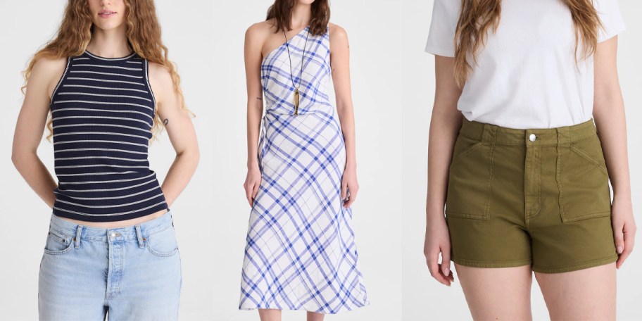 women ewaring blue top, blue dress, and green shorts 
