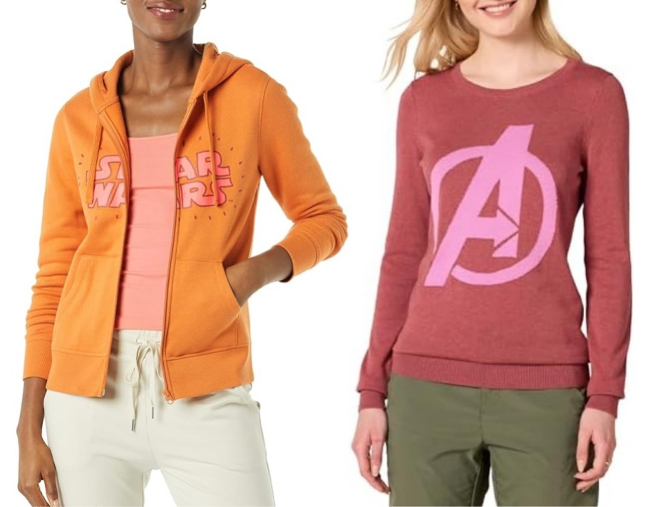 a woman ina hoodie and a woman in a crew neck character sweater
