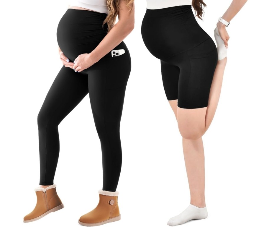 women wearing maternity leggings and bike shorts