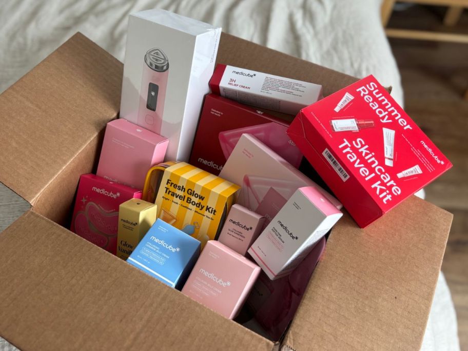 box filled with medicube skincare items