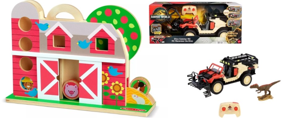 barnyard leanring toy and RC monster jam truck