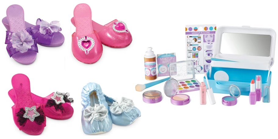 pink, purple and blue kids shoes and makeup set toys 