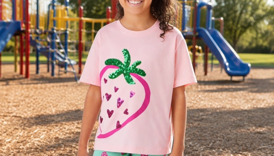 a girl in a pink graphic tee