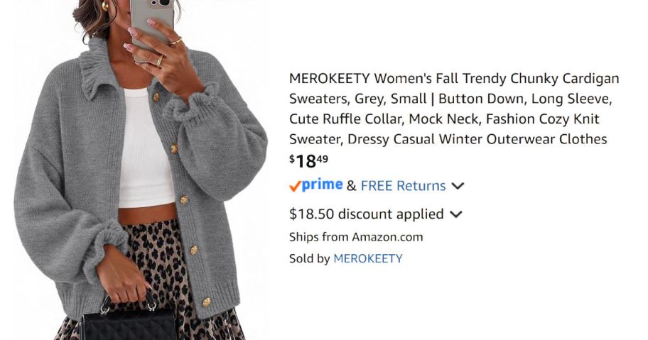 woman wearing gray cardigan next to Amazon pricing information