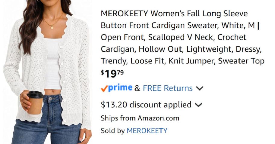 woman wearing white cardigan sweater next to Amazon pricing information