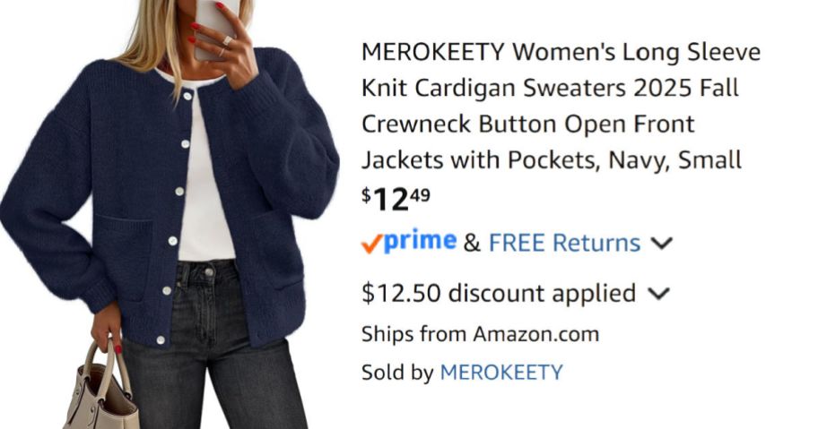 woman wearing a navy blue cardigan next to Amazon pricing information