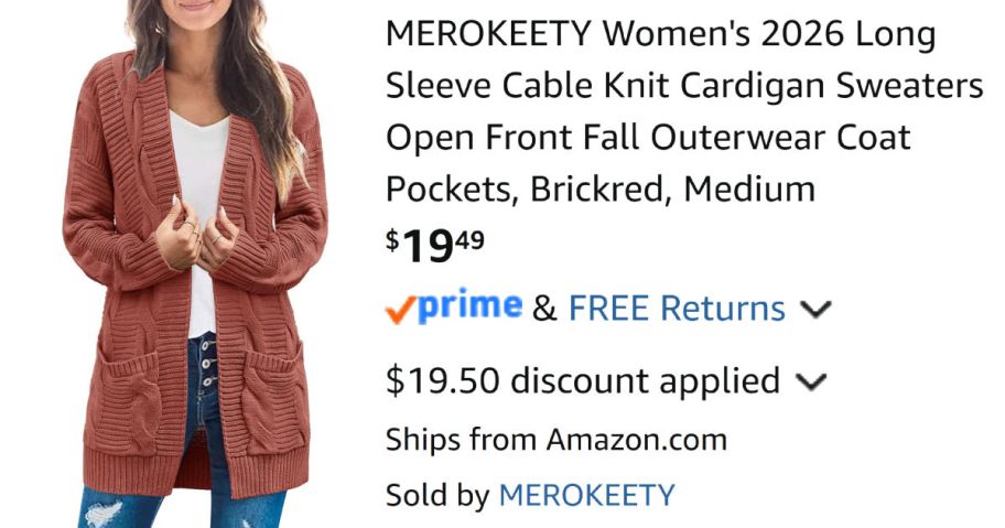 woman wearing cardigan sweater next to Amazon pricing information