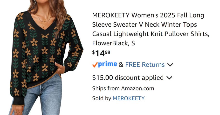 woman wearing floral sweater next to Amazon pricing information