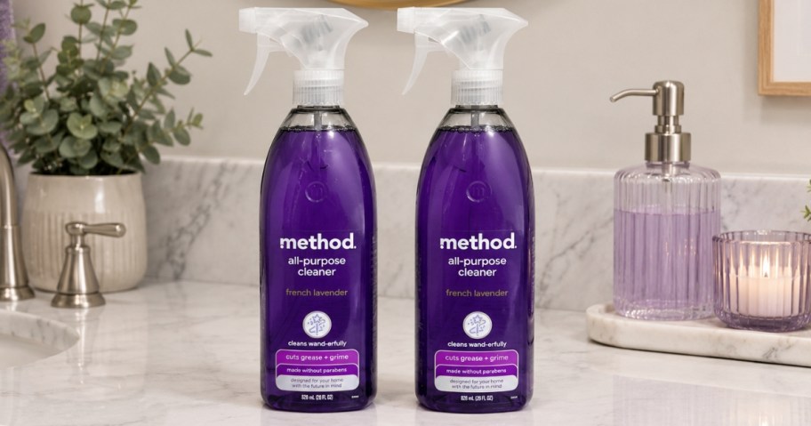 two bottles of Method spray cleaner on a bathroom counter