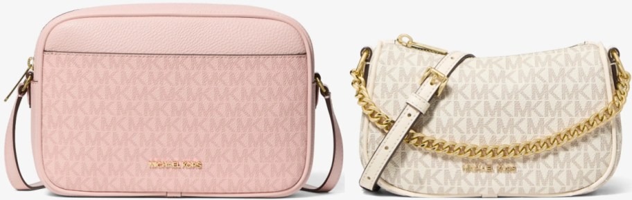 Two Michael Kors bags against a white background, one a rectangular pink crossbody with a logo pattern and the other a cream shoulder bag with a logo pattern and gold chain.