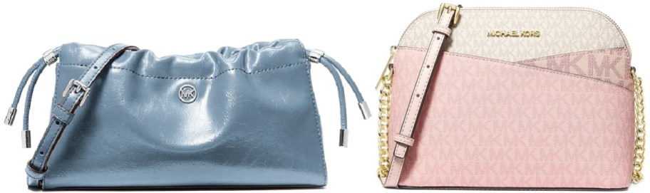 Two Michael Kors bags side-by-side against a white background; the left bag is a shiny light blue gathered purse, and the right bag is a dome-shaped crossbody featuring a pink and cream MK monogram pattern.