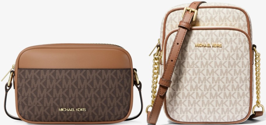 Two Michael Kors crossbody bags against a white background; one is horizontal with a solid tan top and a dark brown logo pattern, and the other is vertical with a light beige logo pattern and tan trim.