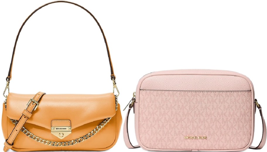 Two Michael Kors bags side-by-side against a white background; the left bag is a smooth light orange shoulder bag with a gold chain detail, and the right bag is a light pink crossbody bag featuring a subtle MK monogram pattern.