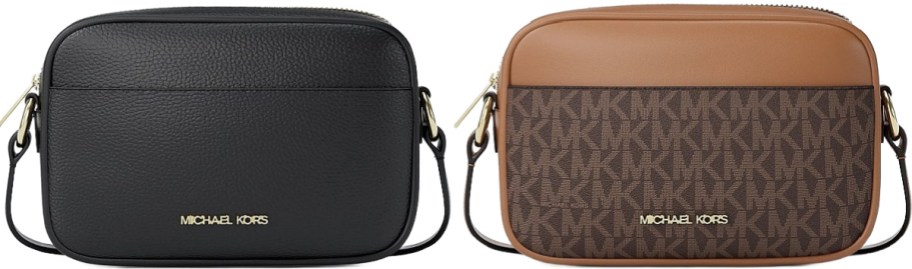 Two Michael Kors crossbody bags side-by-side against a white background; the left bag is solid black pebbled leather, and the right bag features a brown MK monogram pattern with a solid tan top.
