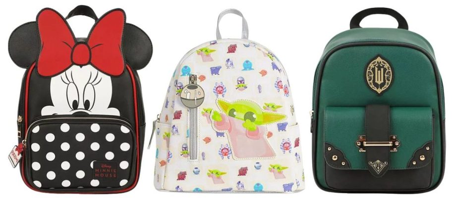 minnie mouse, grogu, and wicked mini backpacks