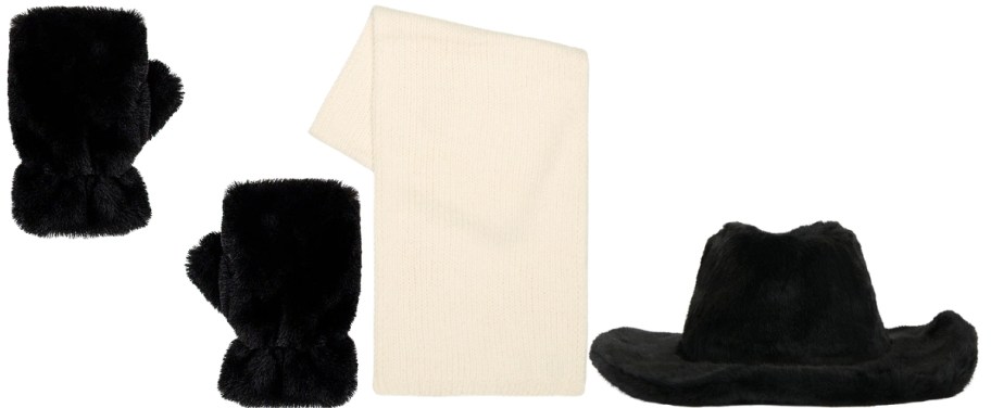 faux fur mittens and hat and knit scarf